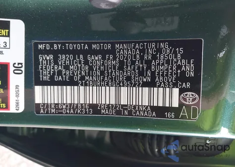 2016 Toyota Corolla Le Plus z USA, uszkodzony, nr VIN 2T1BURHE8GC495727